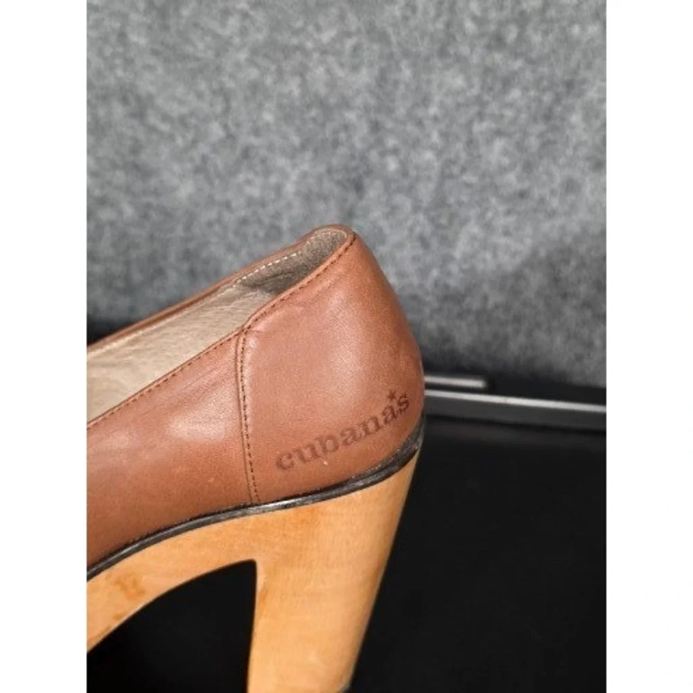 Anthropologie Cubanas Womens Leather Herringbone‎ Platform Wood Block Heel Sz 7